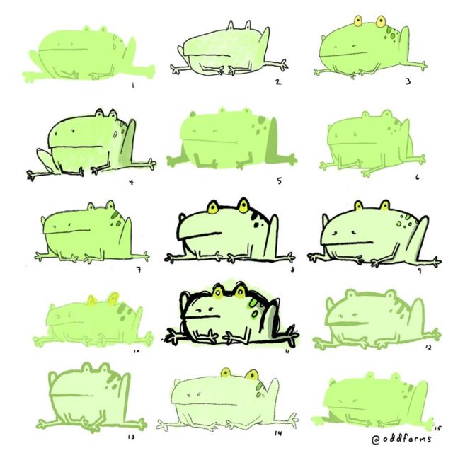 Experimenting a little. If you have a favorite frog style tell me - I would say 9 is business as usual but trying to maybe mix it up for next animation. (Its about frogs) #procreate #frogsofinstagram